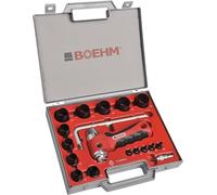 Juego de brocas para perforación de madera de 3 a 30 mm, que incluye soporte, punta centradora con resorte, varilla con compás y cuchillas de repuesto, todo en un estuche de plástico
