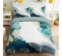 Juego de cama de 140 x 190 cm para niños niñas, abstracta minimalista verde menta funda nórdica impresa textura de mármol hoja de ginkgo oro degradado cian cremallera y 1 funda de almohada 65 x 65