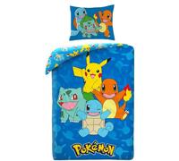 Halantex Juego de cama Pokemon con Pikachu, Salamèche, Carapuce y Bulbizarre, funda nórdica de 140 x 200 cm + funda de almohada, azul, POK579
