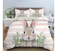 Juego De Cama De Rayas Encantadoras 220X240Cm, Funda Nórdica De Microfibra con Motivos Rubor En Polvo Conejito Campestre, Cremallera Y Fundas De Almohada, para La Decoración del Dormitorio