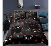 Juego de Cama Gato Animados 3D Negro Gris Rosa Gatito Funda Nórdica Estampado 3D Microfibra Niña Mujer Bedding Funda de Edredón y Funda de Almohada 50x75 cm (Negro, 180x210 cm,Cama 105 cm)