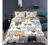 Juego de Cama Gato Animados 3D Negro Gris Rosa Gatito Funda Nórdica Estampado 3D Microfibra Niña Mujer Bedding Funda de Edredón y Funda de Almohada 50x75 cm (Amarillo, 150x210 cm,Cama 90 cm)