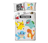 Juego de cama Pokemon con salamèche, carapuce, Pikachu y Bulbizarre, funda nórdica de 140 x 200 cm + funda de almohada de 70 x 90 cm, color gris
