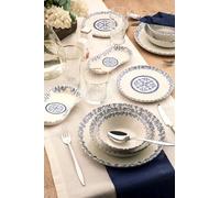 Juego de cena de 27 piezas, 100% porcelana, azul y blanco, incluye platos de servicio, bolos, platos de postre, apto para lavavajillas y microondas, elegante experiencia de comedor