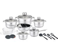 Juego de cocina de 20 piezas, acero inoxidable 18/10, apto para inducción, que incluye ollas y cacerolas con tapas de vidrio, color plateado