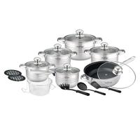 Juego de cocina de acero inoxidable de 18 piezas, apto para inducción, que incluye ollas, cacerolas y sartenes, además de utensilios de cocina
