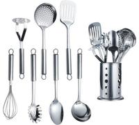 Juego de cocina de acero inoxidable Unyqoos® de 7 piezas + soporte (total de 8 piezas) – resistente a la corrosión, pulido y apto para lavavajillas, con mango de madera: cuchara para sopa, espumadera,