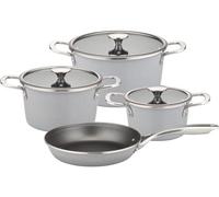 Juego de cocina GSW STRATOS de 7 piezas, en acero esmaltado gris, que incluye 3 ollas y 1 sartén. Recubrimiento antiadherente sin níquel, apto para todas las fuentes de calor, incluyendo inducción