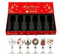 Juego de copas de vino de Navidad, 7,6 x 23 cm, 6 copas festivas sin tallo | Copas de cristal transparentes con estampado festivo de Papá Noel y árbol, vasos de cóctel para el hogar, bar, cocina