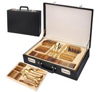 Juego de Cubiertos de Acero Inoxidable de 72/84 Piezas, Cubiertos Dorados y Plateados, Juego de cucharas con Pulido de Espejo, Apto para lavavajillas, Incluye Cuchillo, Tenedor y Cuchara, maletín de