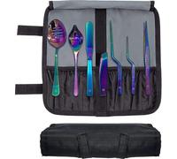 Juego de cubiertos de acero inoxidable Unyqoos® de 7 piezas, color arcoíris, que incluye: cuchara tipo "chef", cuchara perforada, espátula plana, 3 pinzas de precisión y una pinza para pescado, todo e