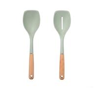 Juego de cucharas de silicona con mango de madera, cucharas de cocina resistentes al calor de 2 piezas con cucharón colador, 31 cm para uso en cocina (verde)