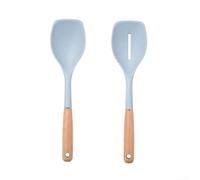 Juego de cucharas de silicona con mango de madera, cucharas de cocina resistentes al calor de 2 piezas con cucharón colador, 31 cm para uso en cocina (azul)