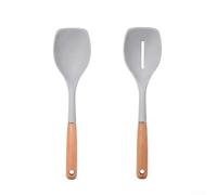 Juego de cucharas de silicona con mango de madera, cucharas de cocina resistentes al calor de 2 piezas con cucharón colador, 31 cm para uso en cocina (gris)