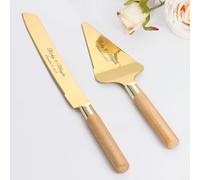 Juego de Cuchillo y Servidor para Pastel de Boda, Conjunto de Corte de Pastel de Acero Inoxidable, Oro Plata Cortador de Pastel Servidor de Pasteles para Navidad, Cumpleaños, Fiesta (Roble Dorado)