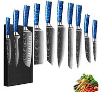 Juego de cuchillos de bloque, de 10 piezas, con mango de resina. Set de cuchillos de cocina que incluye: cuchillo de chef, cuchillo para pan, cuchillo Santoku, cuchillo pelador, diseño Damasco. Set pr
