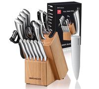Juego de cuchillos de cocina, 18 piezas, acero inoxidable, con bloque y afilador, madera de roble