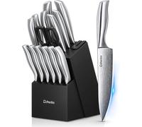 Juego de cuchillos de cocina de 15 piezas, de acero inoxidable, con bloque de madera, para cocinar y cortar