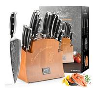 Juego De Cuchillos De Cocina De Acero De Damasco, Juego De 16 Cuchillos De Acero De Damasco Superior Cuchillo De Cocina Afilado De Estilo Japonés En Damasco Con Mangos Martillados Y Bloque De Madera