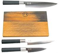 Juego de cuchillos de cocina Kai Wasabi Black, de acero de alta calidad: cuchillo de cocina de 20 cm, cuchillo de oficina de 10 cm, cuchillo multiusos de 15 cm, y tabla de cortar robusta de madera de