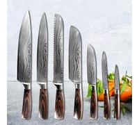 Juego de cuchillos de cocina profesionales para chef, con mango de madera, diseño Damasco, juego de cuchillos de acero multifuncionales para cocinar. (Color: 7 piezas)