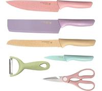 Juego de cuchillos de cocina Unyqoos® de 6 piezas, de colores variados – Set profesional de acero inoxidable con carbono (3Cr13) con revestimiento antiadherente, mangos ergonómicos de paja natural y P