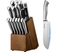 Juego de cuchillos de cocina VEVOR con bloque de madera y afilador, 15 piezas. Juego de cuchillos de acero inoxidable de alto contenido de carbono, con hojas afiladas, mangos ergonómicos y apto para a