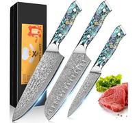 Juego de cuchillos de damasco de 3 piezas con hoja de 12,4-20 cm fabricada con 67 capas de acero damasco VG-10. Juego de cuchillos de cocina de damasco, incluye cuchillo para sushi, mango de concha de