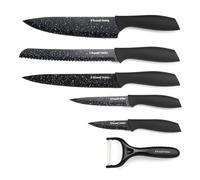 Juego de Cuchillos y Pelador de 6 Piezas Russell Hobbs - Cuchillos de Chef/Pan/Trinchar/Multiusos/Para Pelar, Hojas con Revestimiento Antiadherente Efecto Mármol, Mangos de Toque Suave, Negro