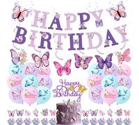 Juego de decoración de cumpleaños de mariposa, color lila, 39 unidades, decoración de fiesta con guirnalda de pancarta de feliz cumpleaños, decoraciones colgantes, adornos para tartas y globos de