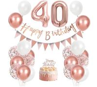 Juego de decoraciones de cumpleaños número 40 en oro rosa y blanco con globos de números grandes, globos de confeti, pancarta, decoración de pastel y decoración de mesa a juego, juego completo de