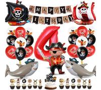 Juego de decoraciones de cumpleaños pirata, decoración de cumpleaños para niños de 4 años, globo de aluminio pirata 4 con banner Feliz cumpleaños y decoración de pastel