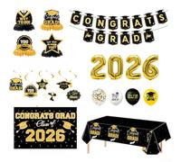 Juego de decoraciones para fiesta de graduación, clase de 2026, tema negro y dorado con kit de arco de globos, telón de fondo para remolinos (negro)
