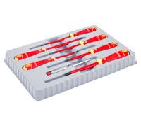 Juego de destornilladores aislados BahcoFit de Bahco, con mango de dos componentes, que incluye un probador de tensión de 150 V a 250 V, certificado VDE - 7 piezas.