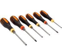 Juego de destornilladores Bahco ERGO para tornillos de ranura, Phillips y hexagonal, con vástago completo y mango resistente a golpes - 6 piezas.