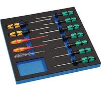 Juego de destornilladores Wera, dimensiones B.370 x T.385 x H.30 mm, módulo 2/3, 12 piezas, incluye destornilladores planos, Phillips y Torx, con aislamiento de voltaje.