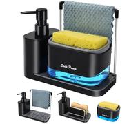 Juego de dispensador de jabón para Manos y Platos con Bandeja, Organizador 5 en 1 y de jabón Doble con Soporte para Esponja y Soporte para paños de Cocina, para Fregadero de Cocina y encimera (Negro)