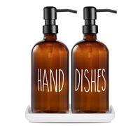 Juego De Dispensadores De Jabón De Vidrio Premium: Pack De 2 Recipientes para Jabón Líquido De Manos con Bandeja De Cerámica 500ml/17oz Frasco Dispensador ConBomba De Acero Inoxidable 304(Ámbar)
