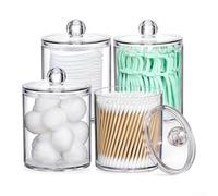 Juego de dispensadores de plástico transparente Q-Tip para baño (4 tapas | Capacidad para puntas en Q, púas de hilo dental, almohadillas; diseño de visión clara; se adapta a estantes de tocador; fácil