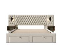 Juego de dormitorio completo - cama tapizada 160x200 cm - 2 mesitas, 4 cajones, luz led, beige, terciopelo