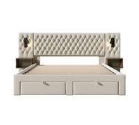 Juego de dormitorio completo - cama tapizada 160x200 cm - 2 mesitas, 4 cajones, luz led, beige, terciopelo