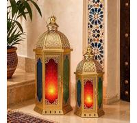 Juego de dos faroles vintage de metal con cristal templado, ideales para salones, jardines, terrazas, fiestas y eventos conmemorativos (uso interior y exterior). (Color: dorado)