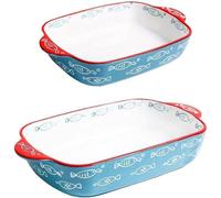 Juego de dos moldes de cerámica para hornear, ideales para el hogar, con forma cuadrada y dos asas, aptos para horno, perfectos para preparar guisos y también como ensaladeras