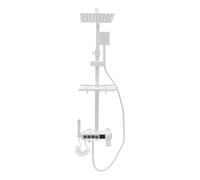 Juego de ducha LED blanco Piano Keys, juego de ducha con 4 salidas, sistema de ducha de acero inoxidable con estante de ducha, diseño ajustable, cesta de almacenamiento y plataforma, manguera larga
