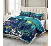 Juego de edredón individual sin funda, diseño de ciudad de Nueva York, azul y verde, reversible, de forro polar, lavable, sin funda, suave, cálido, cómodo, ropa de cama con fundas de almohada para