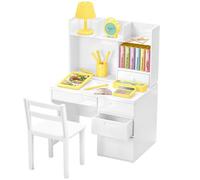 Juego de escritorio de simulación con silla en miniatura, color blanco | Compartimentos abiertos, almacenamiento de cajones y accesorios de escena del hogar con temática escolar