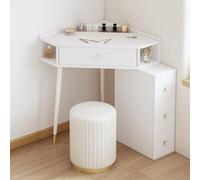 Juego de escritorio esquinero blanco con espejo de brillo ajustable, cajón y armario lateral, estantes de almacenamiento abiertos, elegante tocador para dormitorio (50 x 50 x 78 cm)