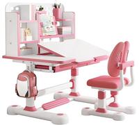 Juego de escritorio infantil con altura ajustable, superficie de escritorio inclinable de 0-50°, incluye silla. Estructura de metal resistente, amplia superficie de trabajo para tareas, dibujo, ordena