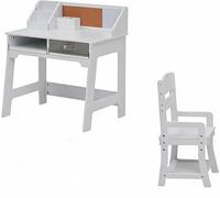 Juego de escritorio y silla para niños de madera con estantería superior: 2 cajones, pizarra de corcho y 2 portalápices, silla con altura ajustable, mesa para tareas y dibujo, color blanco | Color: Bl