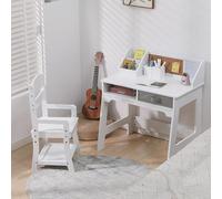 Juego de escritorio y silla para niños de madera con estantería superior: 2 cajones, pizarra de corcho y 2 portalápices, silla con altura ajustable, mesa para tareas y dibujo, color blanco | Color: Bl